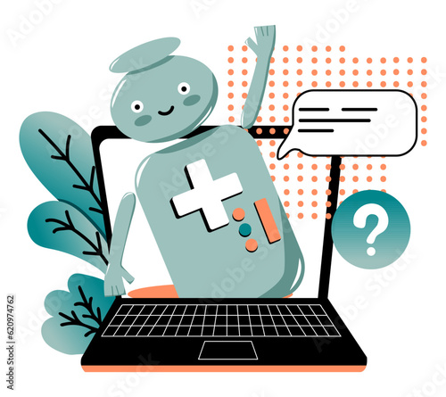 Medical Chatbot help. Artificial intelligence talks and helps patients. Consultation in the treatment or selection of a doctor, medications. Messages from the bot. Future technology. Vector doodle