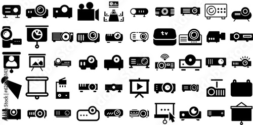 Big Collection Of Projector Icons Collection Hand-Drawn Linear Vector Symbols Player, Icon, Outline, Projector Signs Isolated On Transparent Background