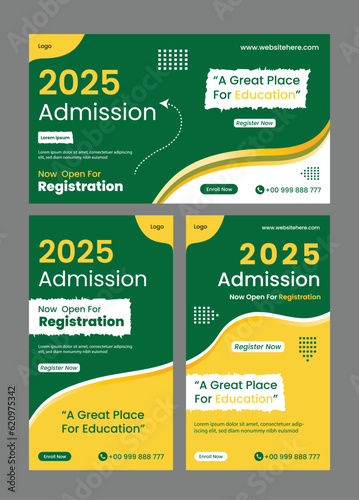 School Admission 2025 Bundle Banner, Yellow and Green Social Media Banner, Creative School Admission Poster Design, School Post Creative Design, School Admission Bundle Design, Back to School 2025	