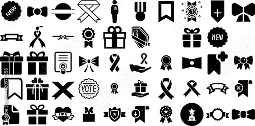 Massive Set Of Ribbon Icons Set Linear Infographic Web Icon Symbol, Ribbon, Luxurious, Icon Silhouettes Isolated On White Background