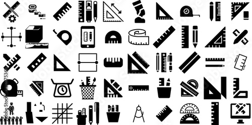 Huge Collection Of Ruler Icons Collection Hand-Drawn Isolated Design Signs Setsquare, Protractor, Pen, Icon Signs Isolated On White Background photo