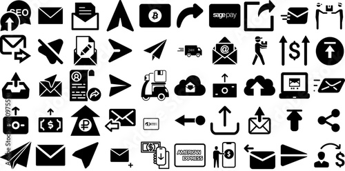 Huge Collection Of Send Icons Set Flat Cartoon Silhouette Icon, Post, Communication, Phone Illustration Isolated On Transparent Background