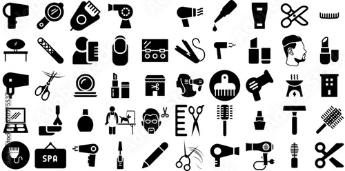 Massive Collection Of Salon Icons Pack Solid Concept Silhouette Open, Tool, Icon, Equipment Symbol Vector Illustration