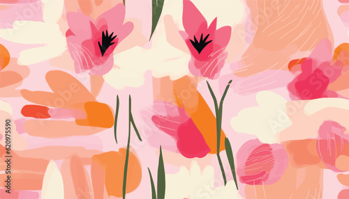 Hand drawn bright cute pink artistic flowers print. Modern botanical geometric pattern. Fashionable template for design.