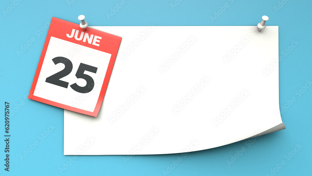 June 25. A calendar sheet with a date on a blue background. Copy space. The best day of the year. Three-dimensional illustration. 3D rendering.