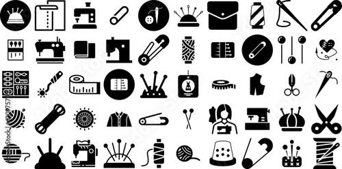 Massive Collection Of Sewing Icons Bundle Hand-Drawn Linear Modern Signs Ribbon, Icon, Bricolage, Thimble Illustration Isolated On Transparent Background