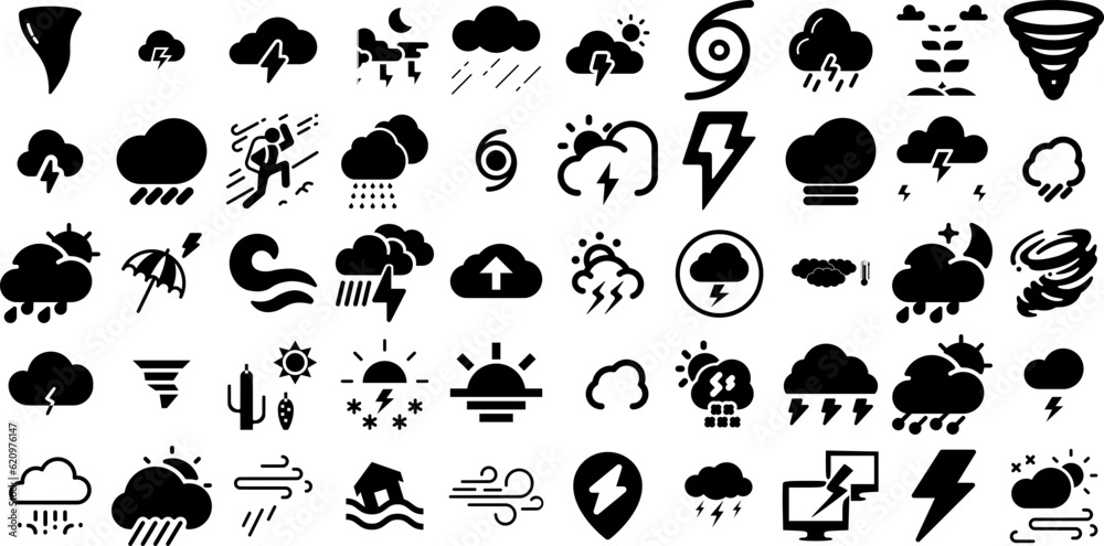 Big Collection Of Storm Icons Pack Black Drawing Silhouettes Icon, Drought, Typhoon, Nature Doodles Isolated On Transparent Background