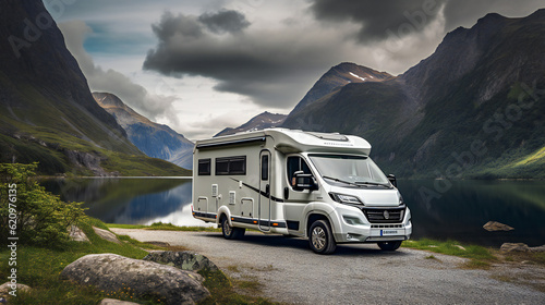 Foto Camper parked at a Lake, mountains in background, Scandinavian
