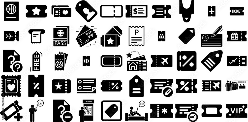 Huge Collection Of Ticket Icons Set Hand-Drawn Solid Concept Symbol Icon, Vouchers, Music, Note Symbols For Apps And Websites