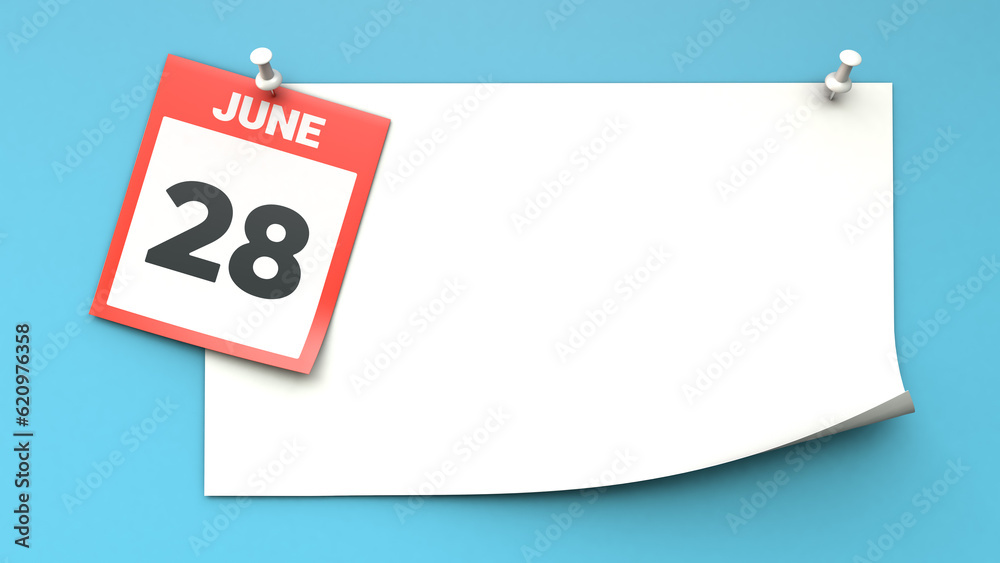 June 28. A calendar sheet with a date on a blue background. Copy space. The best day of the year. Three-dimensional illustration. 3D rendering. June 28. A calendar sheet with a date on a blue background. Copy space. The best day of the year. Three-dimensional illustration. 3D rendering.