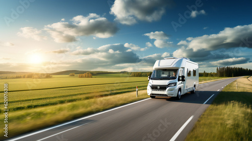 Traveling with Camper Motor home RV, road, mountains, rural, camping
