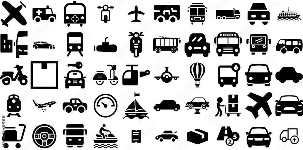 Huge Set Of Transportation Icons Bundle Black Vector Clip Art Funicular, Global, Set, Bus Doodle Vector Illustration