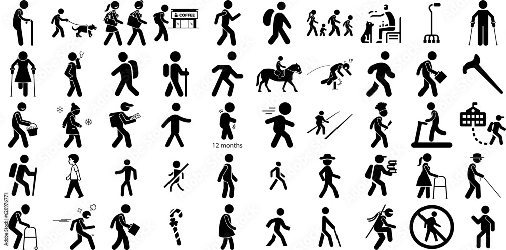 Massive Collection Of Walking Icons Collection Hand-Drawn Solid Drawing Silhouettes Silhouette, Man, Woman, Businessman Graphic For Apps And Websites
