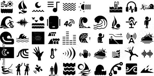 Big Set Of Wave Icons Bundle Black Design Clip Art Music  Curve  Icon  Symbol Pictograph Vector Illustration