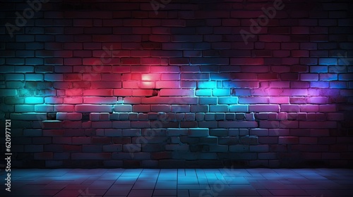 Brick wall background. Neon light on old grunge brick wall. Dark cyber Sci Fi concept