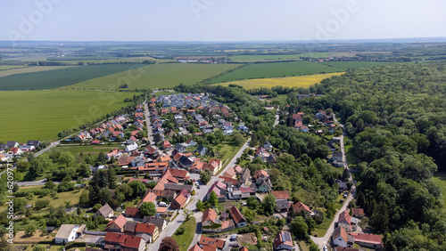 Ettersburg in Thuringia, view over the municipality in summer from above, drone shot