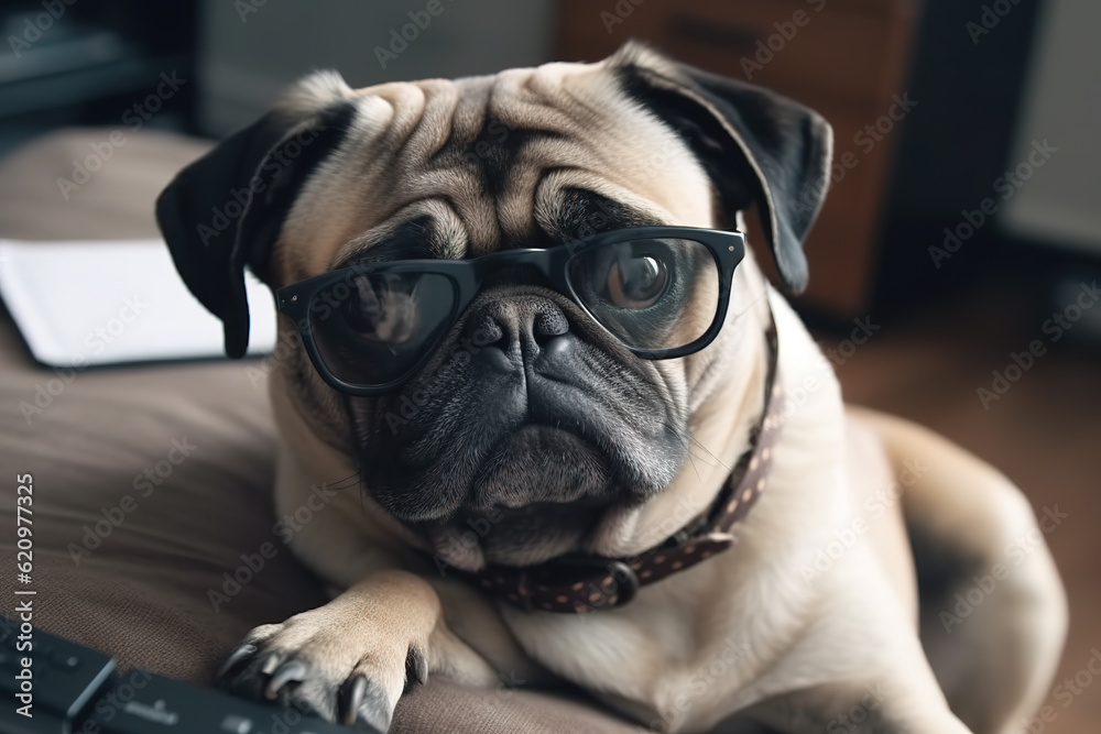 Smart pug dog with glasses. Generative AI
