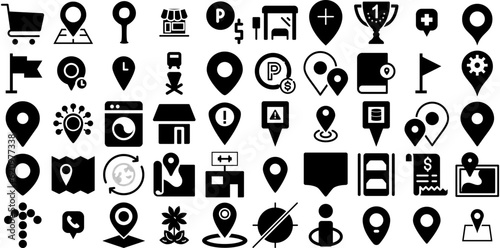 Massive Set Of Place Icons Collection Flat Drawing Clip Art Note, Symbol, Icon, Mark Illustration Isolated On Transparent Background