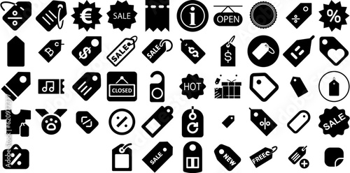 Big Set Of Tag Icons Bundle Flat Cartoon Pictogram Promotion, Speech Bubble, Outline, Icon Signs Isolated On Transparent Background