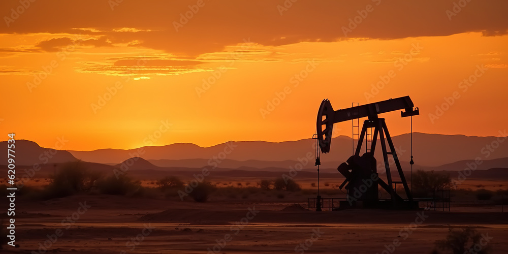 Naklejka premium Crude oil pumpjack rig against the silhouette of the desert in the evening sunset. Generative AI.