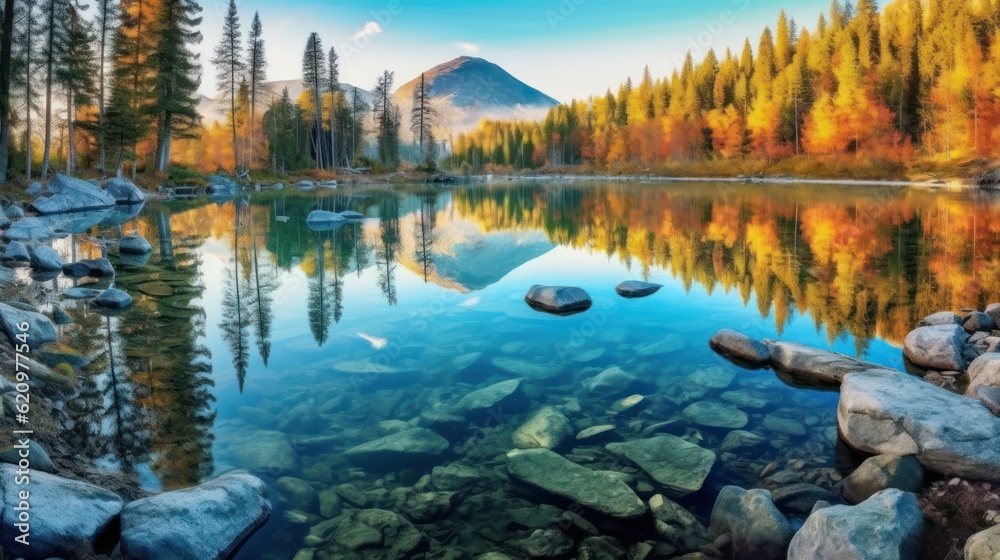 Beautiful autumn landscape. Colorful seasonal autumn background, wallpaper. Generative AI Beautiful autumn landscape. Colorful seasonal autumn background, wallpaper. Generative AI