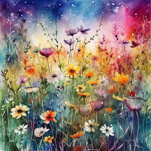 colorful watercolor abstract flower meadow