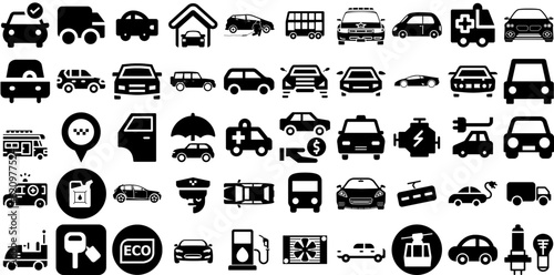 Huge Set Of Car Icons Pack Solid Infographic Signs Slow, Laundered, Mark, Yacht Illustration Isolated On White Background photo