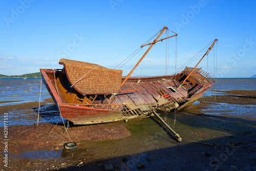 Stranded wooden shipwreck in Lanta Old Town  aka Ban Lanta is a small fishermen village located on the east coast of Koh Lanta Yai island in the Province of Krabi  Thailand