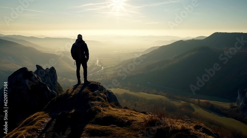 hiker at the summit of a mountain overlooking stunning scenery