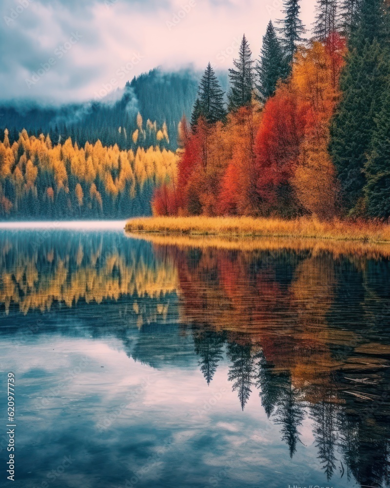 Fototapeta premium Beautiful autumn landscape. Colorful seasonal autumn background, wallpaper. Generative AI
