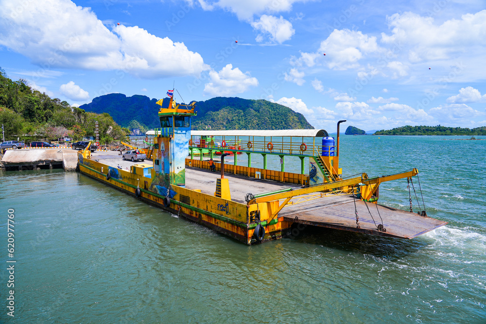 Naklejka premium Ferry moored at Hua Hin pier on Ko Lanta Noi before crossing to the island of Ko Lanta Yai in the Andaman Sea, Krabi Province, Thailand