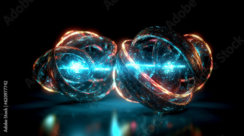 Particle, quantum entanglement (quantum correlation). Quantum mechanics . 3d illustration
