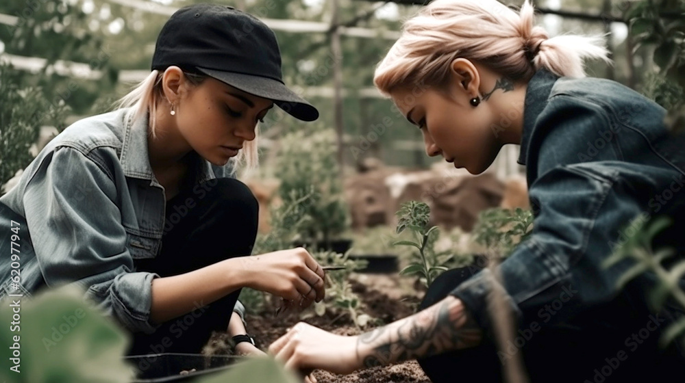 young lesbian couple working together in the garden