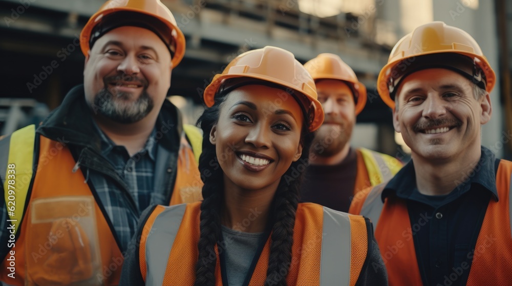 Group of multi ethnic construction workers smiling - Generative AI - obrazy, fototapety, plakaty 