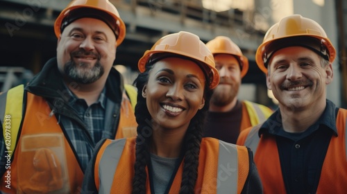 Group of multi ethnic construction workers smiling - Generative AI