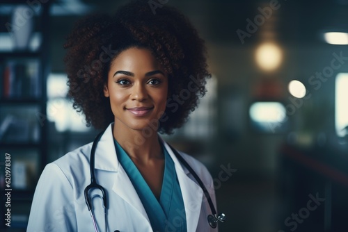 Female African American doctor smiling - Generative AI