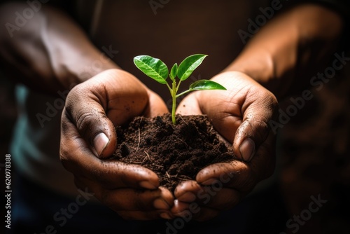 Hands cupping dirt with a small plant. Nature and environment conservation - Generative AI