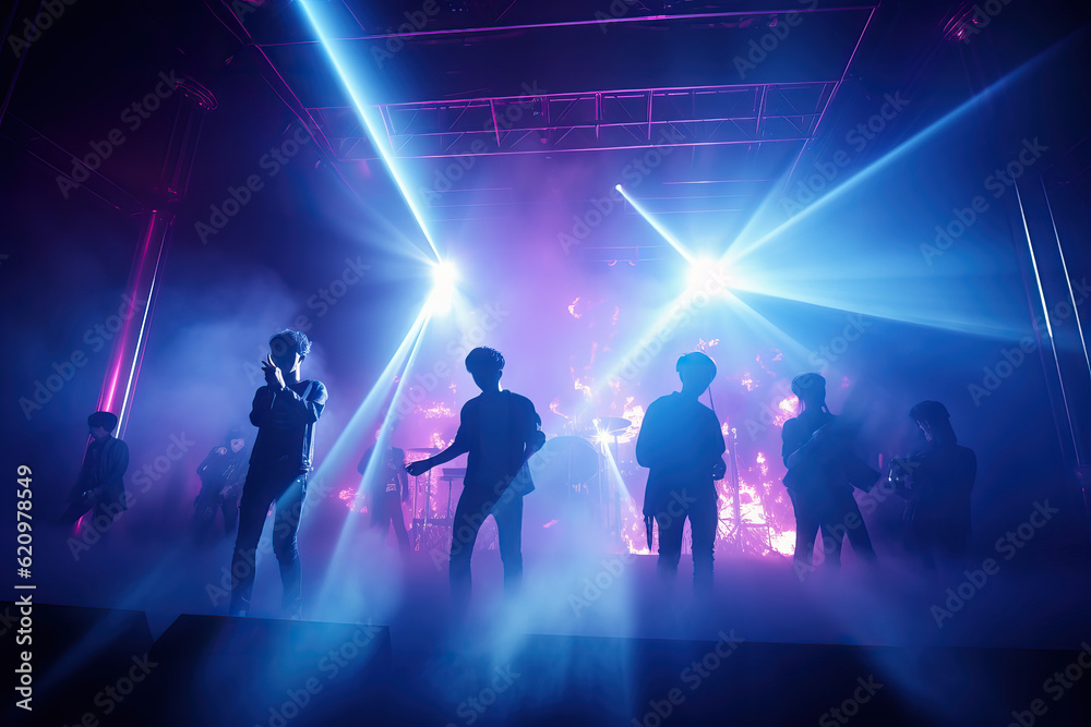 Korean K-pop band silhouette performing music on live stage in retro pink and blue light with copy space