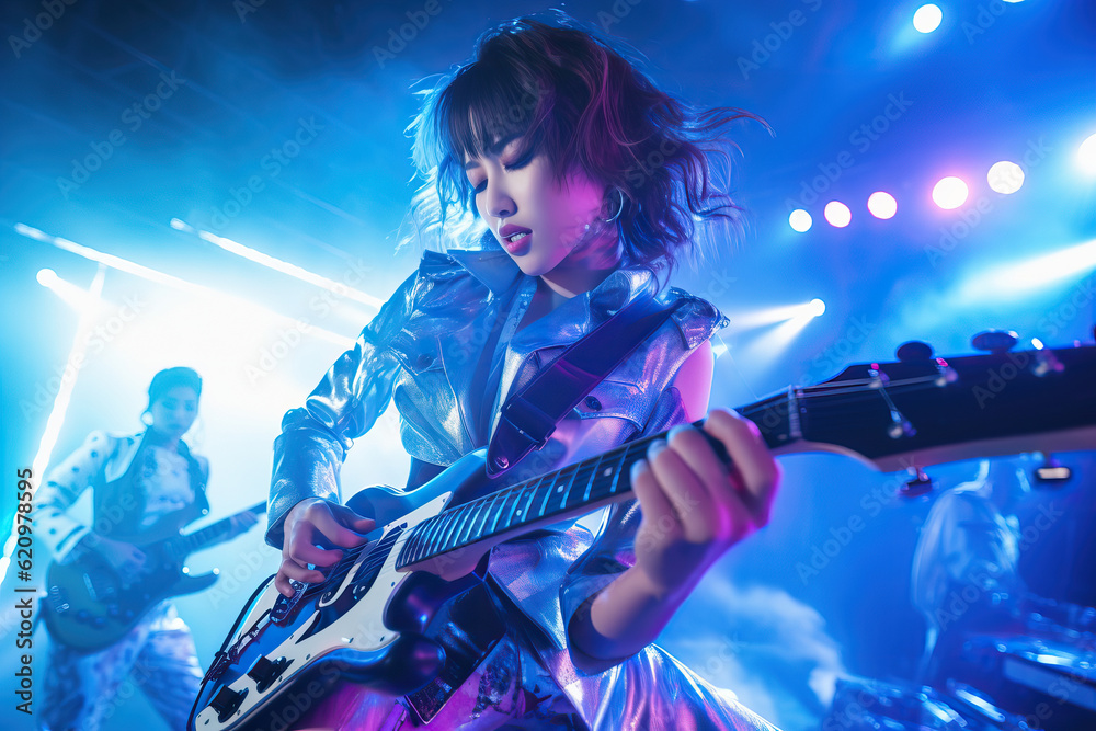 Korean K-pop performing music on live stage in retro pink and blue light with copy space, asian girl playing riff solo on electric guitar - obrazy, fototapety, plakaty 