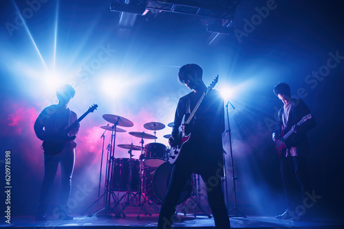 Korean K-pop band silhouette performing music on live stage in retro pink and blue light with copy space