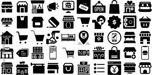 Mega Set Of Store Icons Bundle Solid Cartoon Elements Thin, Symbol, Icon, Silhouette Symbol For Computer And Mobile