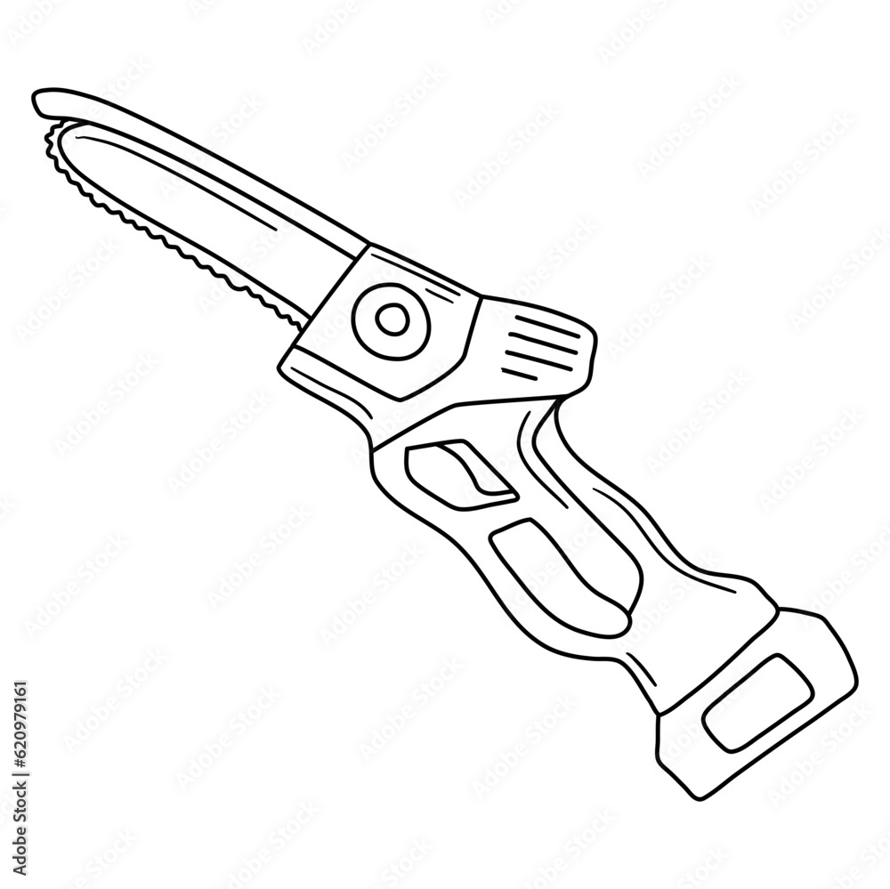 Purning Saw in hand drawn doodle style isolated on white background.Vector outline stock illustration. Sign tool gardening element. Tree pruning Coloring book Purning Saw in hand drawn doodle style isolated on white background.Vector outline stock illustration. Sign tool gardening element. Tree pruning Coloring book