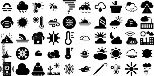 Big Set Of Weather Icons Pack Hand-Drawn Linear Concept Pictogram Forecast, Weather Forecast, Icon, Symbol Illustration Isolated On White