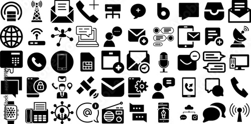Mega Set Of Communication Icons Pack Linear Concept Pictogram Profile, Correspondence, Identification, Chat Glyphs Vector Illustration