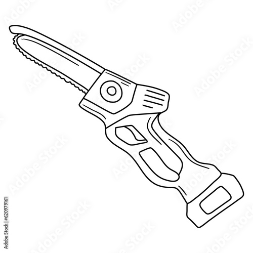 Purning Saw in hand drawn doodle style isolated on white background.Vector outline stock illustration. Sign tool gardening element. Tree pruning Coloring book