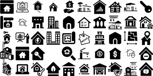 Big Collection Of Estate Icons Set Hand-Drawn Black Design Pictogram Contractor, Luxury Home, Icon, Finance Doodle Vector Illustration