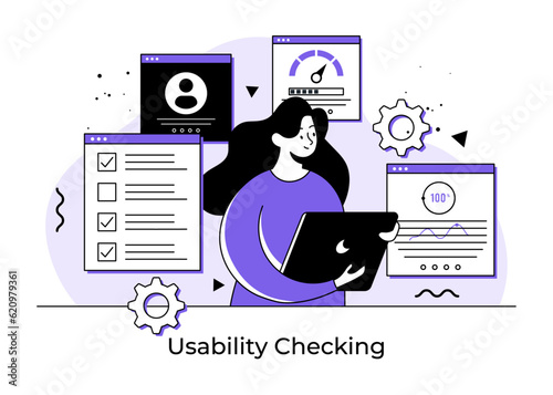 Usability testing flat illustration concept, QA engineering, developer, Tester searching bugs, Website testing, Software optimization process, Beta testing, Woman checks functions of application