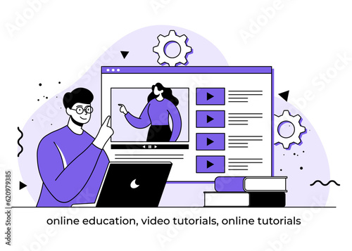 Online education flat illustration, Video tutorials, Online tutorials, E-learning, Online course, Online webinar, Students learning online scene, Distance education, Online Studying