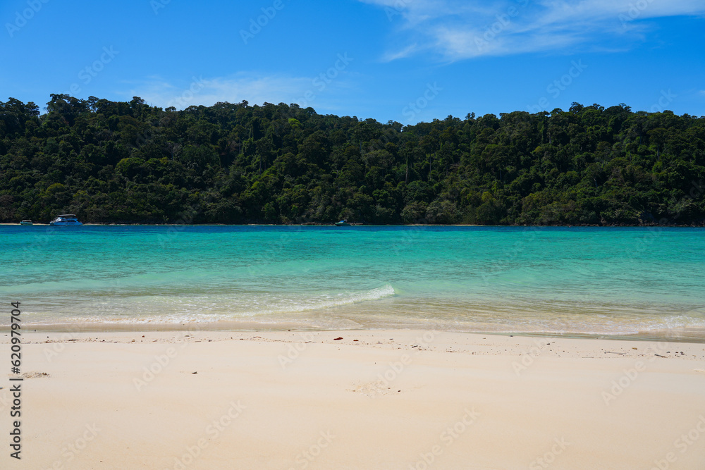 Beautiful beach with turquoise transparent waters on Koh Rok island (Ko Rok Noi) in Mu Ko Lanta National Park in the Andaman Sea, Krabi Province, Thailand