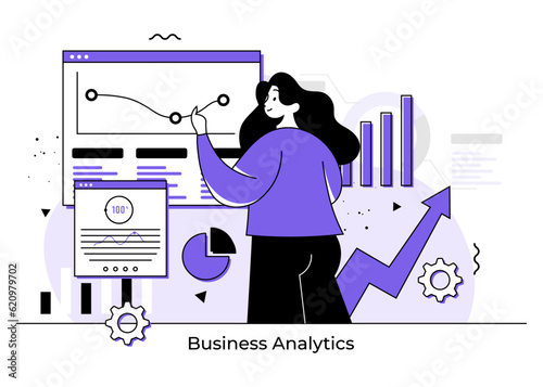 business woman analyzing and monitoring financial data, Business analytics, and research, Business financial planning, business strategy, Analysis concept for web banner, landing page, infographics 